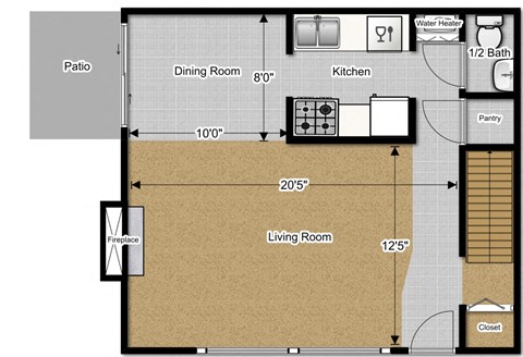 Floor plan for 3 beds, 1.5 baths, 1050 sqft